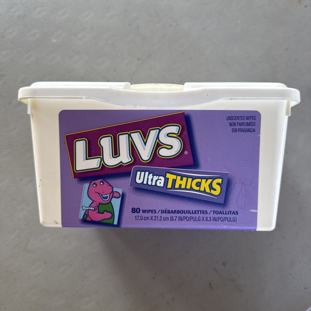 VTG Rare Luvs Barney Wipes  80 ct Pop Up Dispenser Only Container